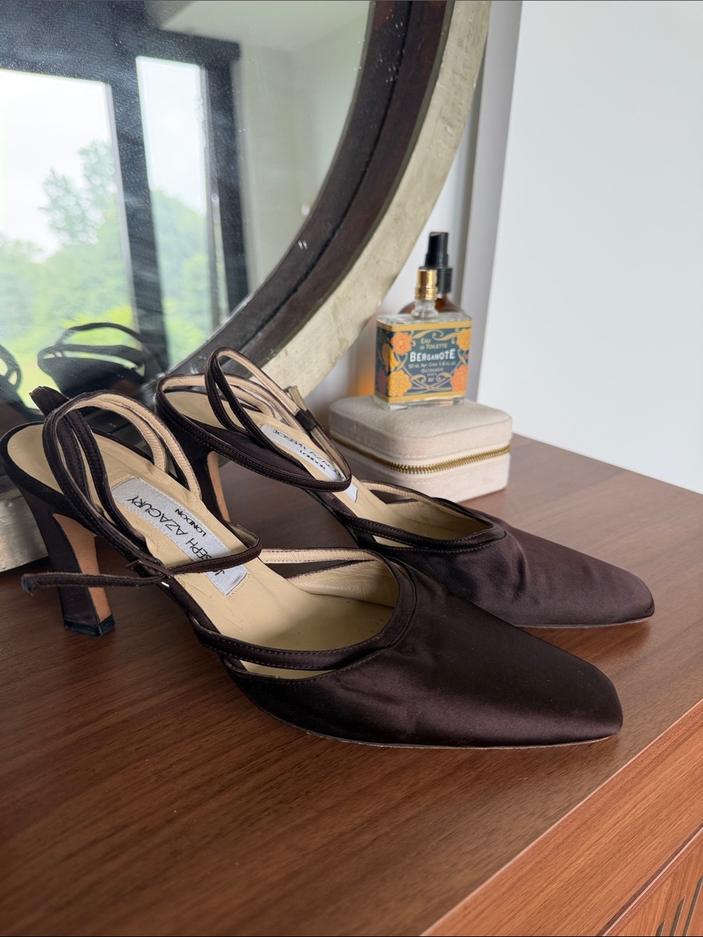 Vintage Dark Brown Silk Pointed Slingback Heels